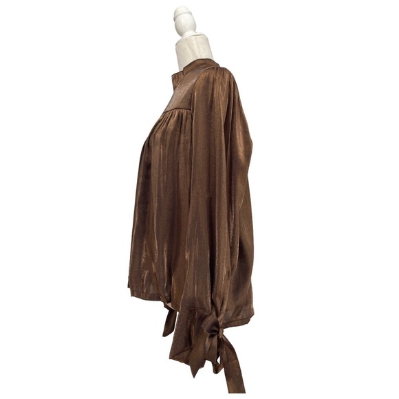 Allison New York Metallic Chiffon Smocked Long Tie bow Sleeve Blouse in Copper - Picture 7 of 9
